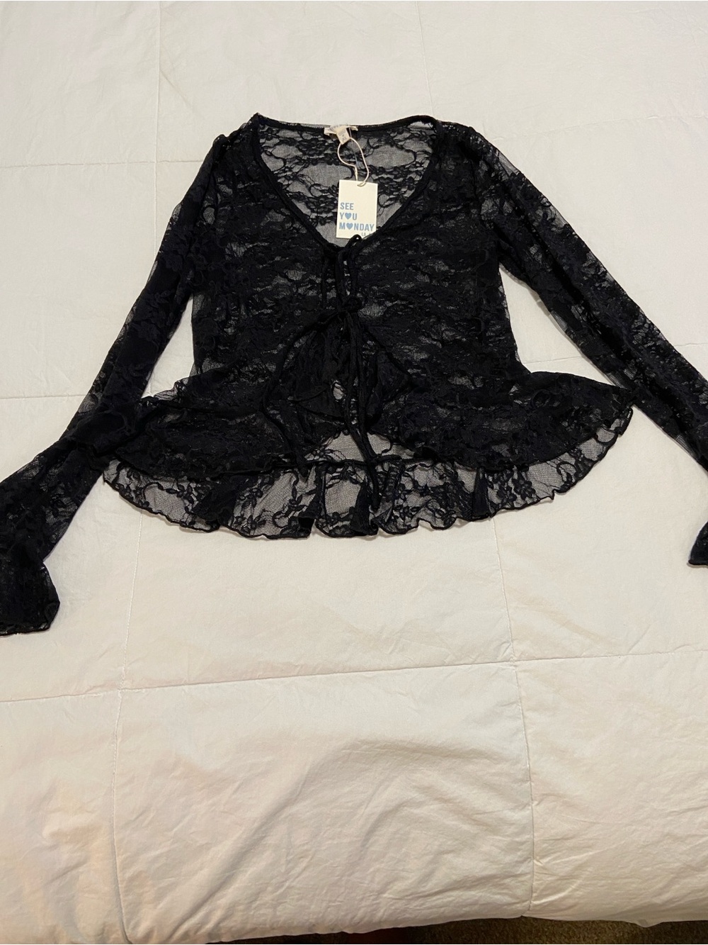 🖤 Sheer Lace Tie-Front Ruffle Top🖤 - Picture 15 of 16